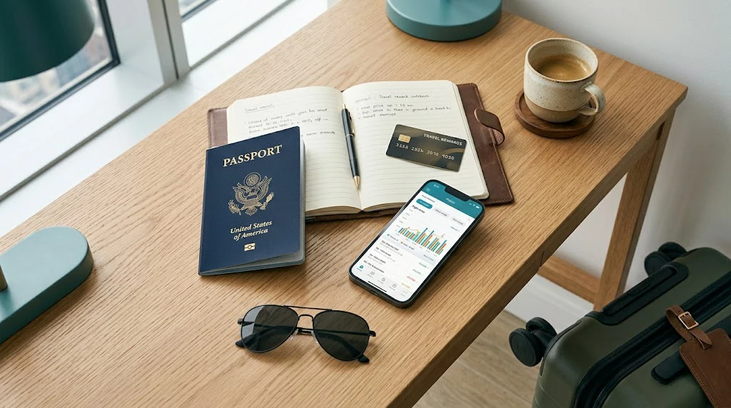 Travel planning essentials with passport, carry-on bag and flight price tracking