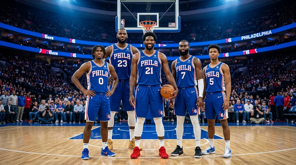 76ers 2026-27 featuring LeBron James, Jaylen Brown, Joel Embiid, Tyrese Maxey and VJ Edgecombe