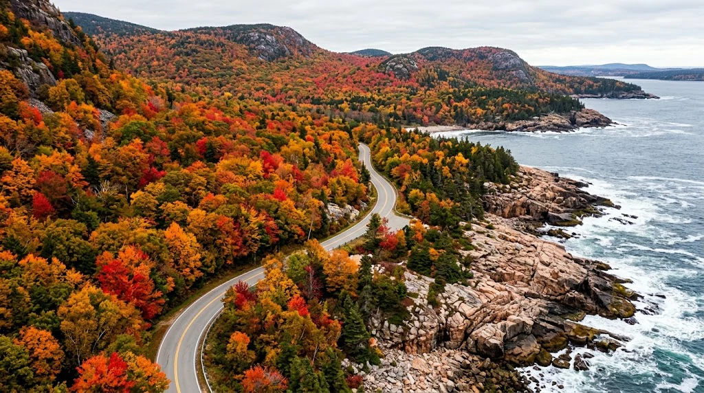 Acadia National Park coastal road surrounded by autumn foliage in Maine