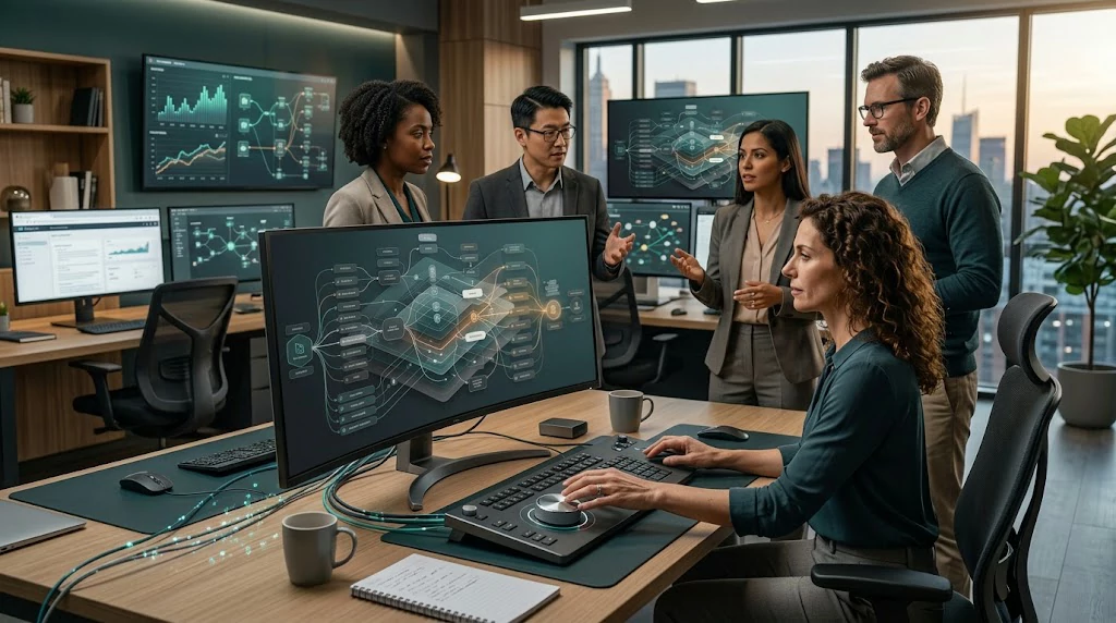Professionals observing AI agents managing digital workflows
