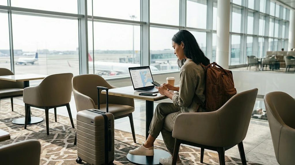Traveler using AI technology to plan a trip in 2026