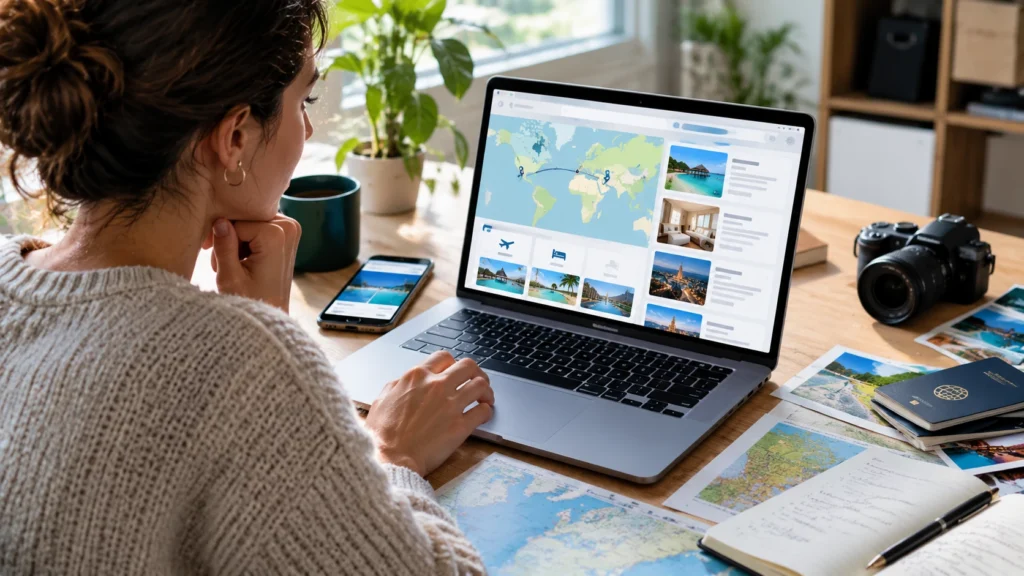 Traveler using AI to plan a trip in 2026