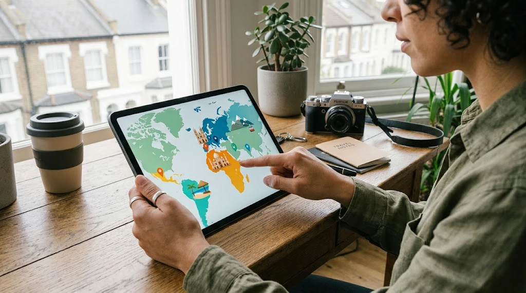 Traveler comparing destinations recommended by artificial intelligence