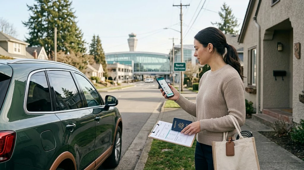 Traveler comparing airport and neighborhood rental car prices