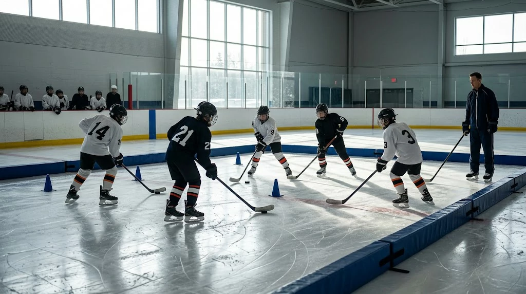 Young hockey players developing skills during an American Development Model practice