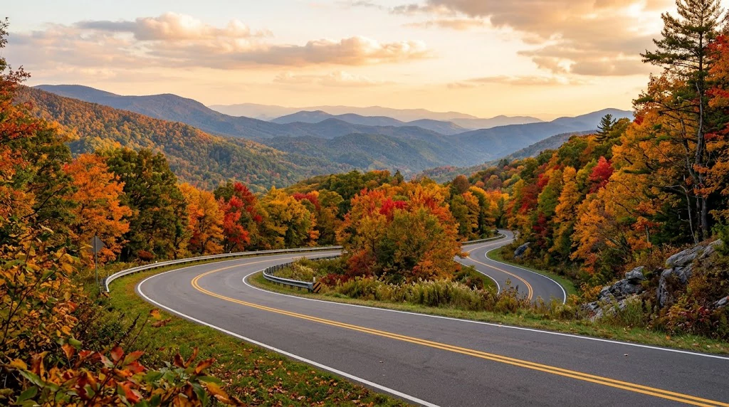 Scenic American mountain road surrounded by colorful autumn foliage at sunset