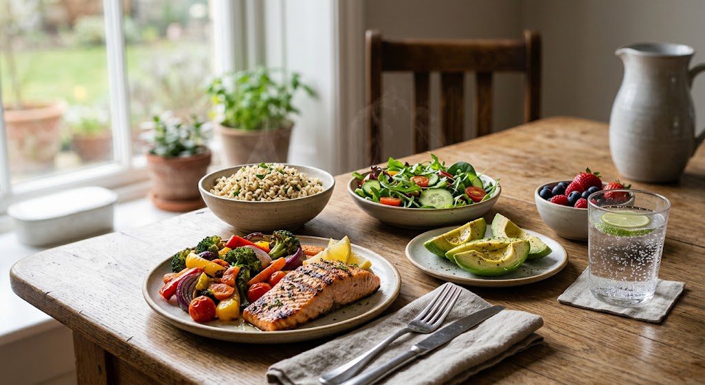 Balanced healthy meal with vegetables fruit whole grains and protein