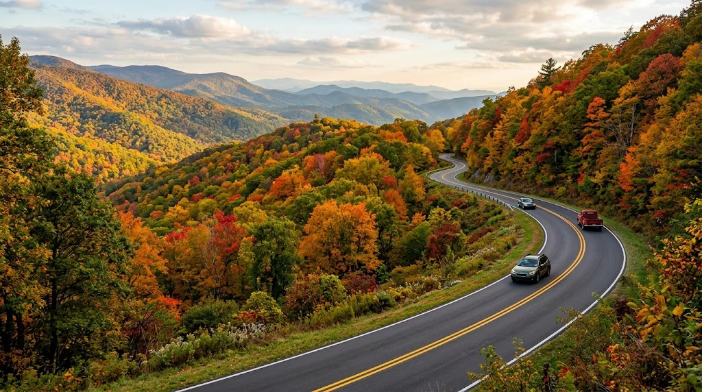 Blue Ridge Parkway surrounded by colorful fall foliage in North Carolina