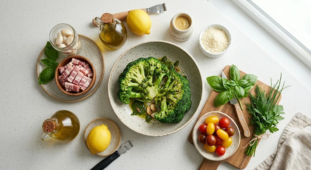Ingredients for broccoli wedge salad with broccoli basil and toppings