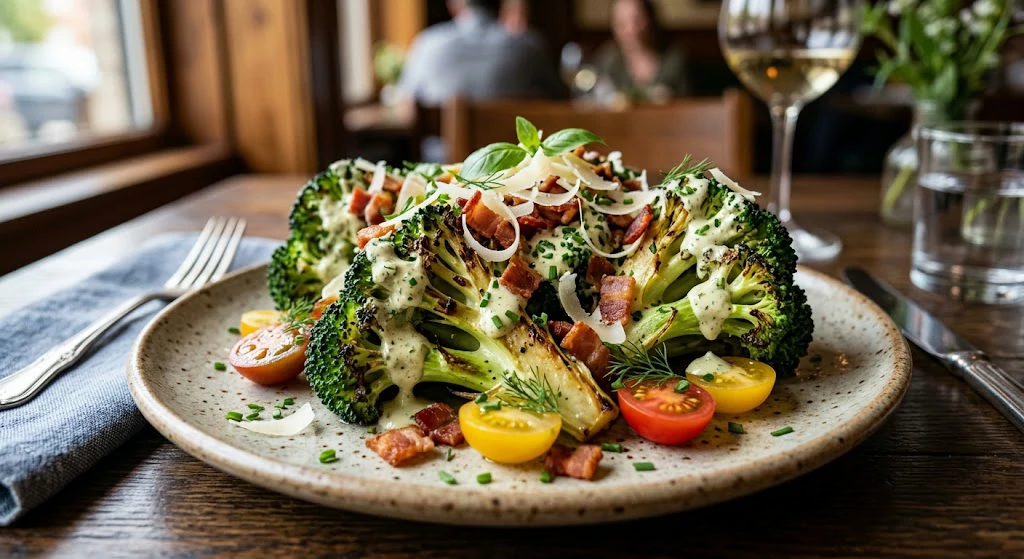 Broccoli wedge salad with roasted broccoli and basil vinaigrette