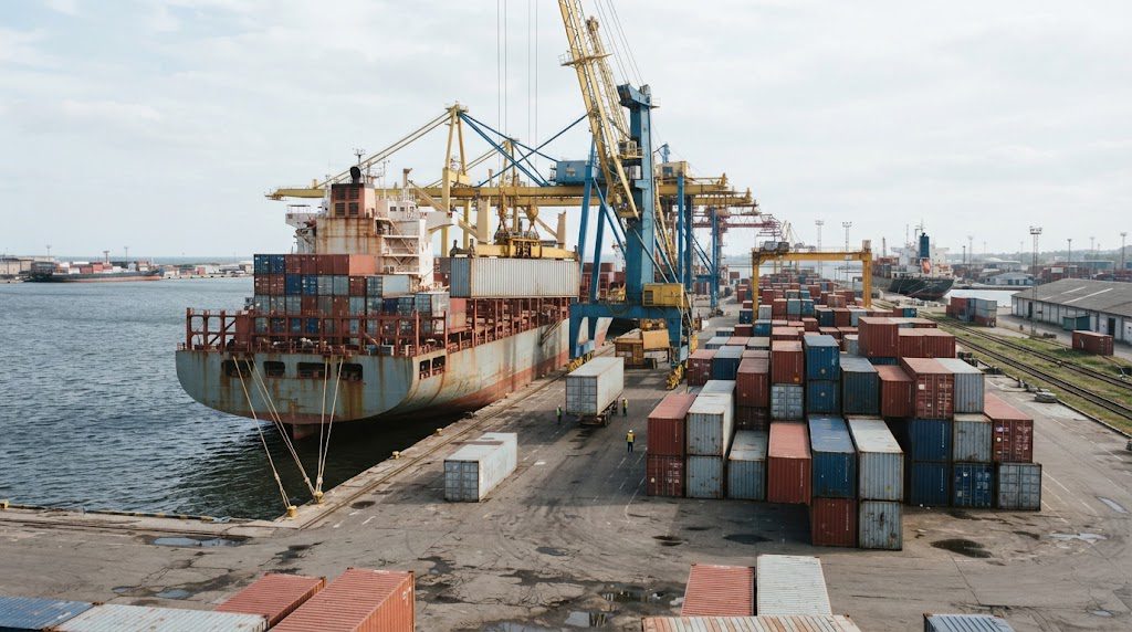 Cargo ships at a commercial port, representing global trade affected by tariffs.