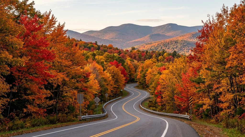 Catskills mountain road surrounded by colorful fall foliage in New York