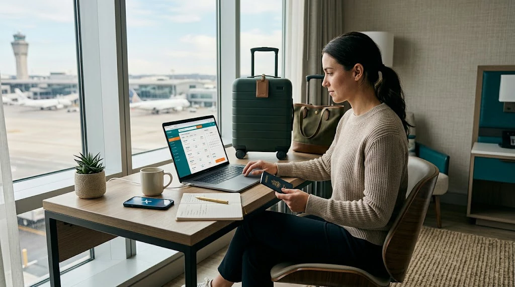 Traveler comparing flight prices and flexible travel dates on a laptop
