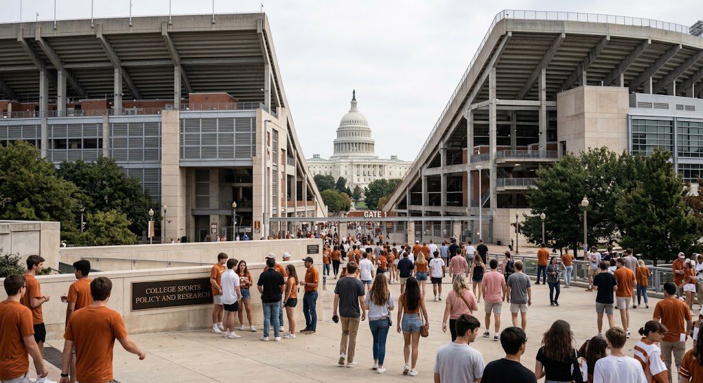 College football stadium and U.S. Capitol representing sports policy
