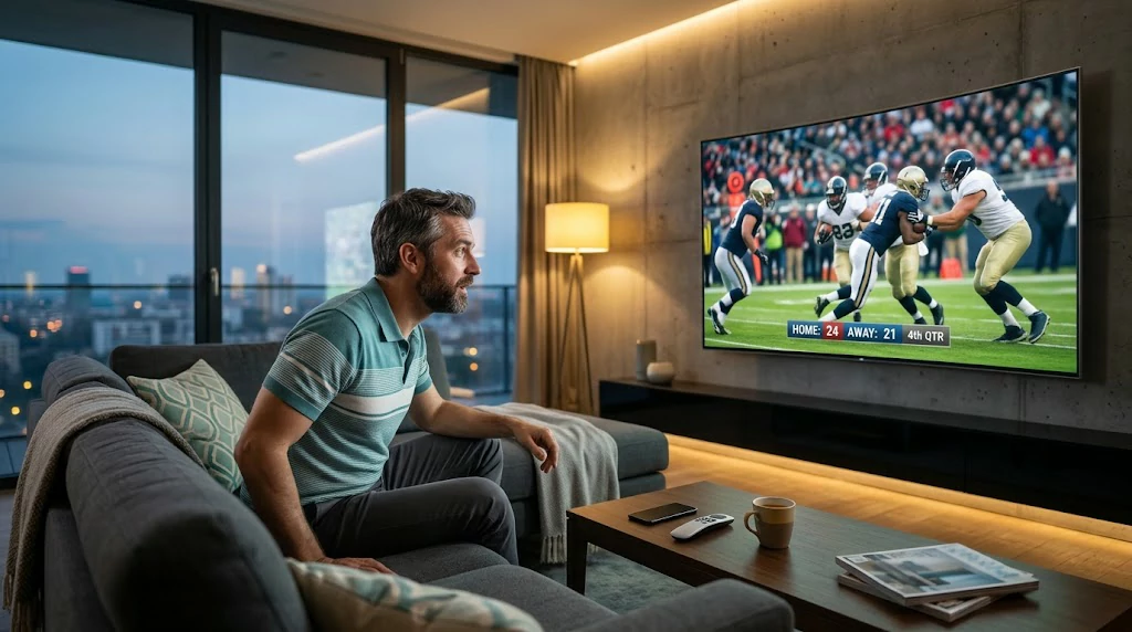 Sports fan enjoying a live game at home without a traditional cable subscription