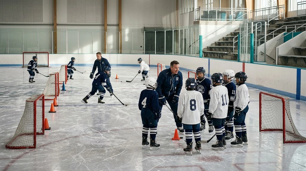 Young hockey players practicing cross-ice drills with a coach