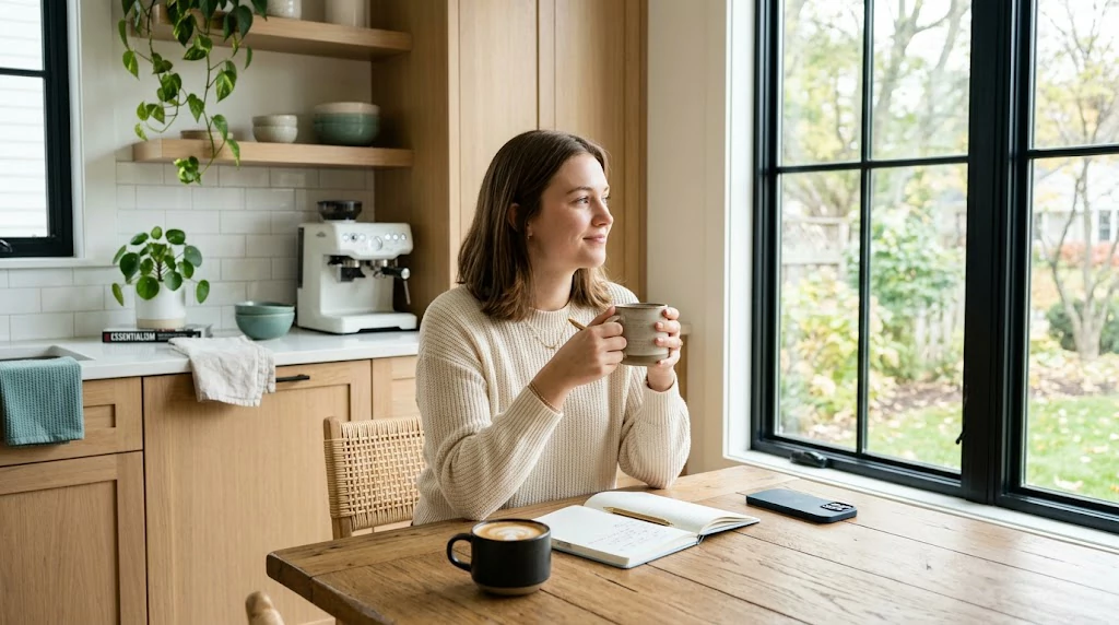 Digital detox with smartphone placed away during a calm morning