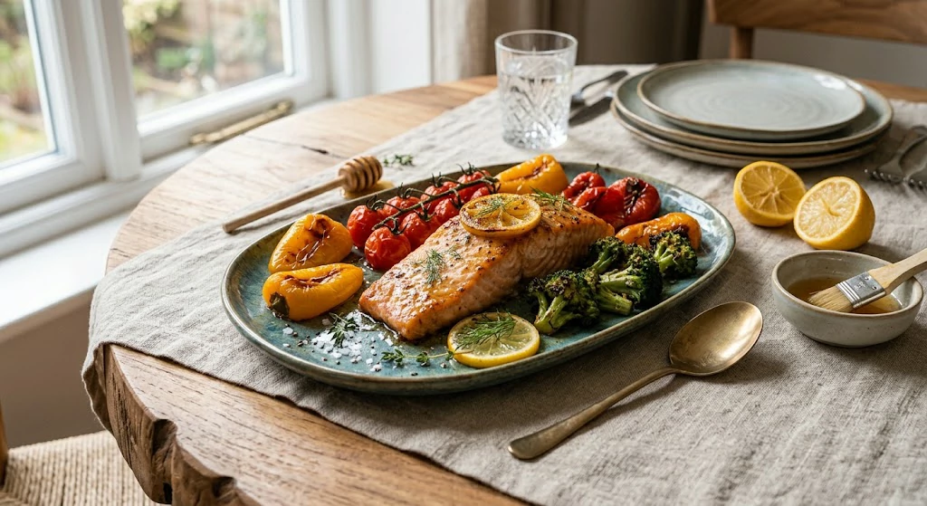 Healthy honey lemon salmon tray bake served with roasted vegetables