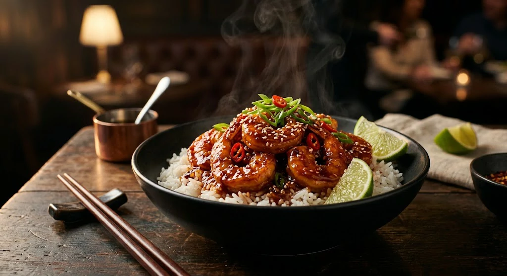 Easy homemade spicy Asian garlic shrimp recipe with chilli sauce and fresh garnish