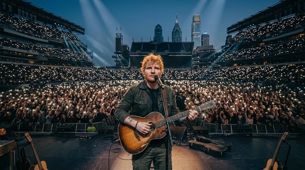 Ed Sheeran performing during his Philadelphia Loop Tour concert