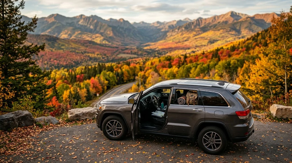Car parked at a scenic autumn overlook during a USA road trip