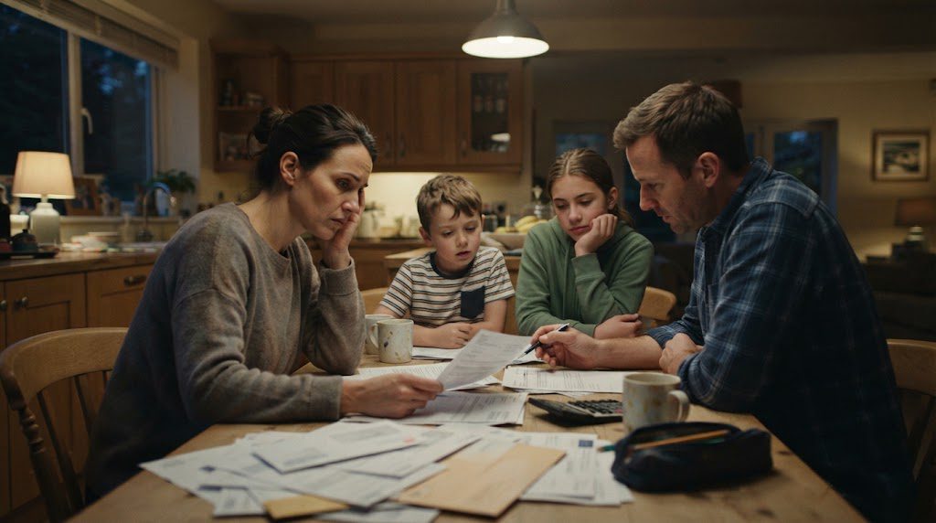 A family reviewing household bills, representing the financial strain of inflation.