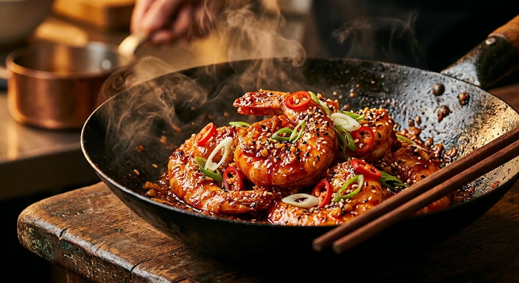 Finished spicy Asian garlic shrimp covered in glossy chilli garlic sauce