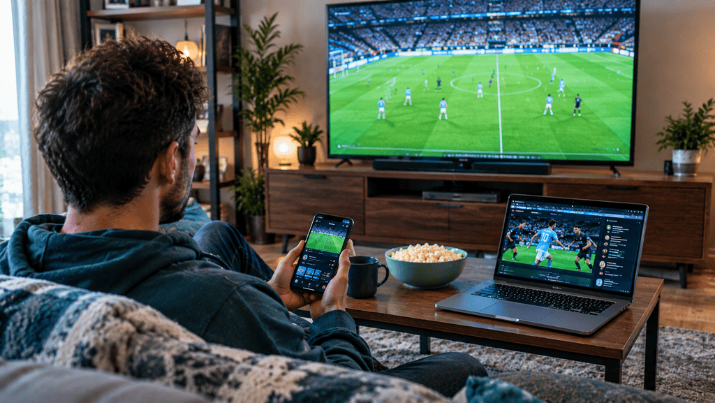 Modern sports fan using several digital viewing options