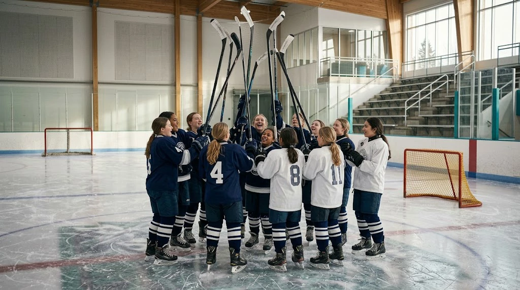 Young girls hockey players celebrating together on the ice