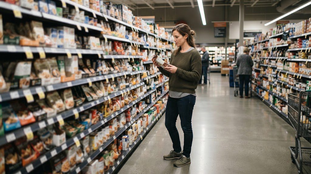 A shopper examining grocery prices in a supermarket aisle during the 2026 inflation period.