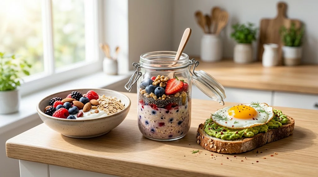 Healthy breakfast recipes with overnight oats avocado toast and yogurt