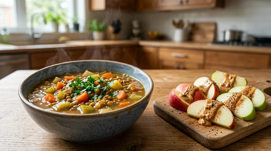 Healthy lentil soup and apple peanut butter chia snack