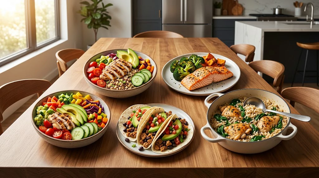 Healthy lunch and dinner recipes with chicken salmon tacos and vegetables