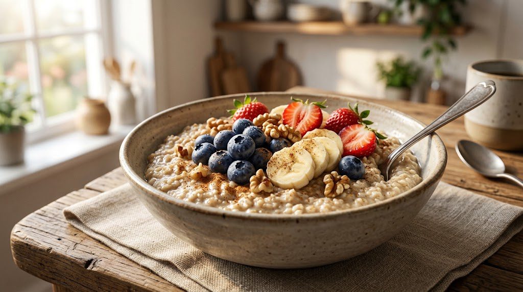 Oatmeal with fruit and nuts for breakfast