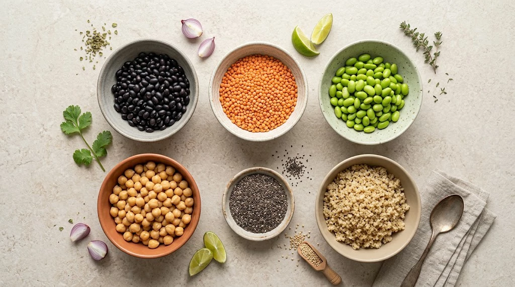 High-protein high-fiber foods including beans lentils edamame and chia seeds
