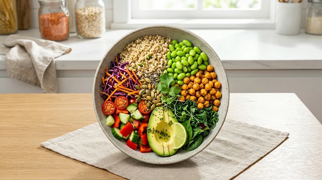 Healthy grain bowl with quinoa edamame chickpeas avocado and pumpkin seeds