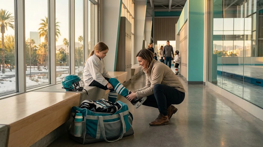 Parent helping a young hockey player with equipment in a rink hallway