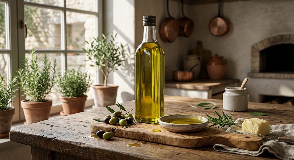 Homemade olive oil vinaigrette with herbs