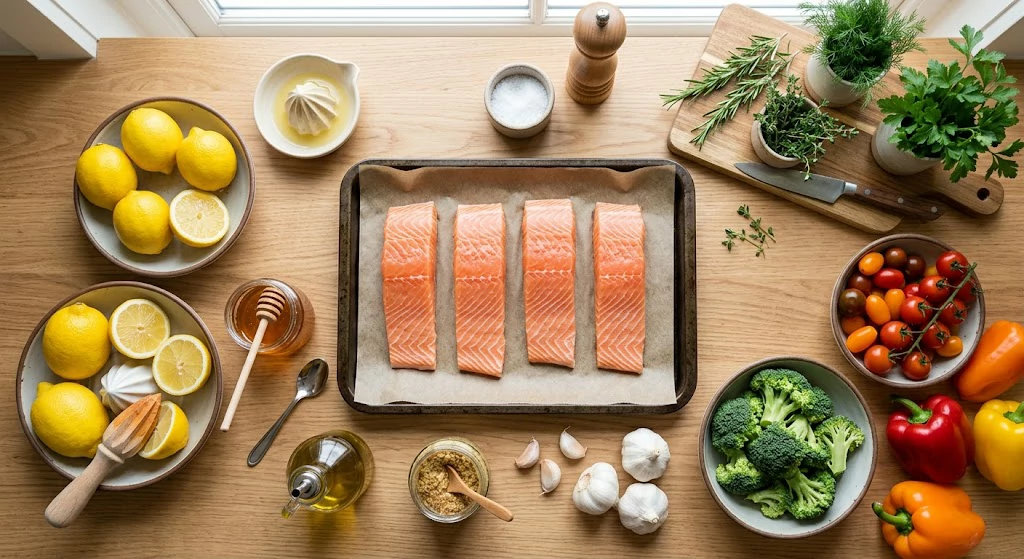 Ingredients for honey lemon salmon tray bake including salmon vegetables lemon and garlic
