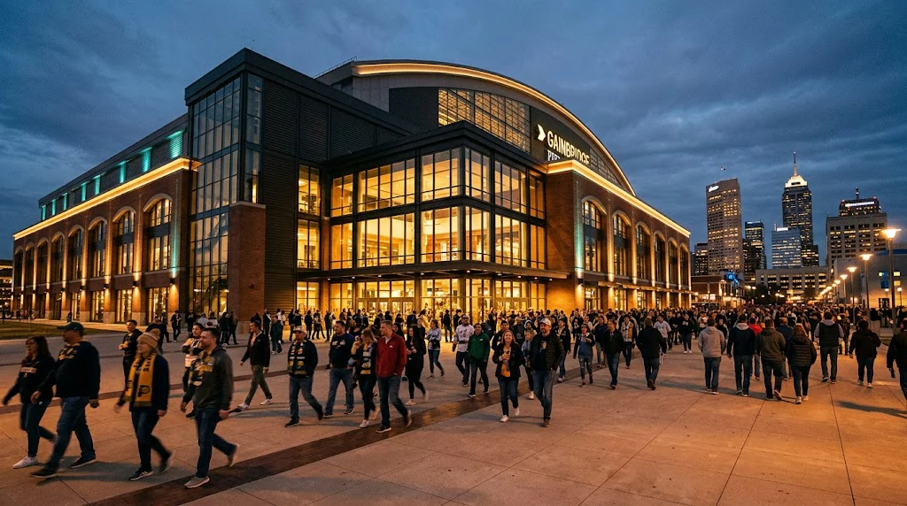 Fans arriving at Gainbridge Fieldhouse in Indianapolis for an Indiana Fever game.