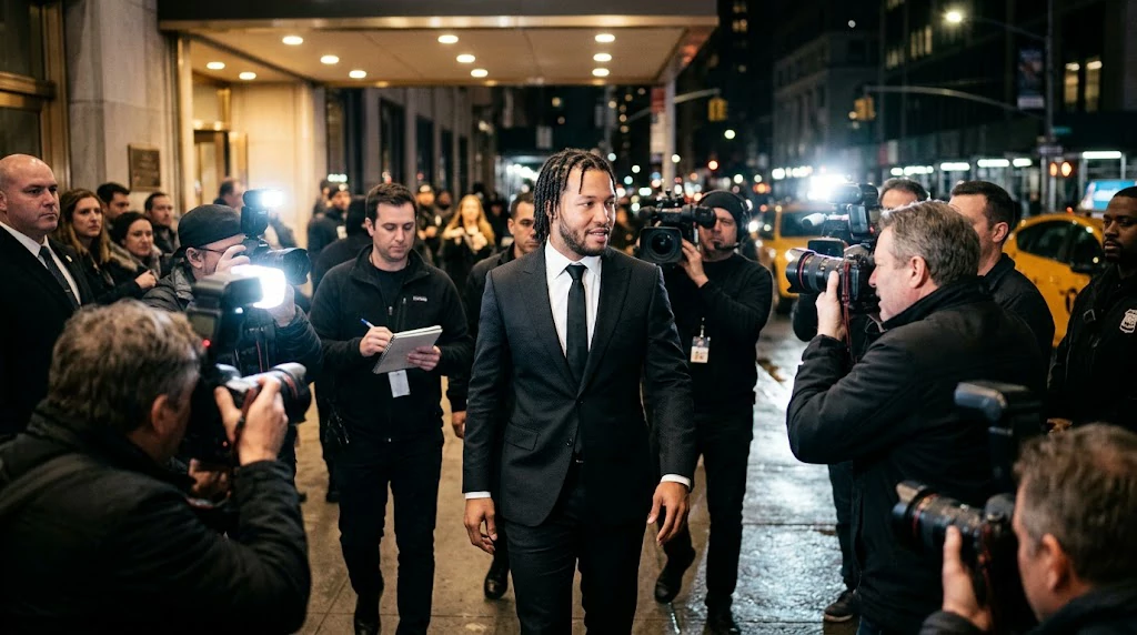 Jalen Brunson arriving for a television appearance