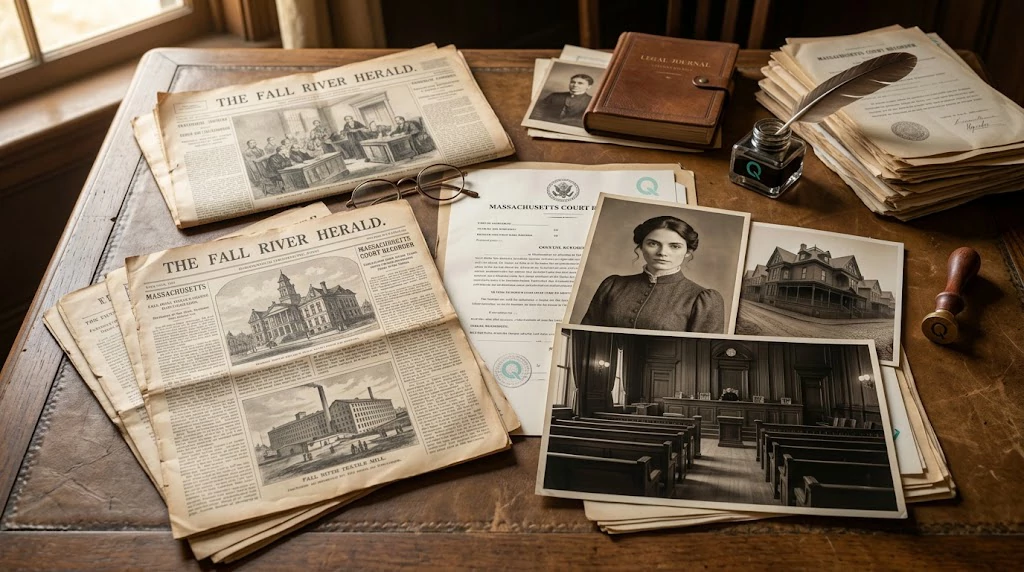Historic newspaper and courtroom materials representing the Lizzie Borden trial