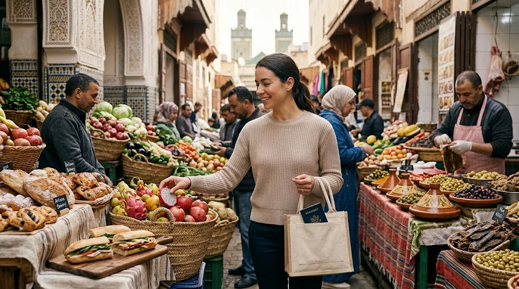 Traveler enjoying affordable local food at a market while traveling