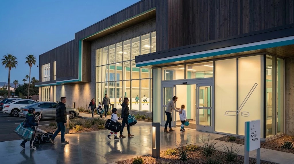 Modern American ice hockey rink exterior at dusk