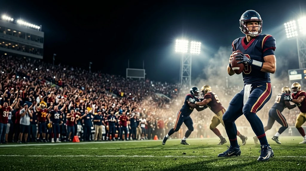 NFL quiz challenge with a quarterback on a football field