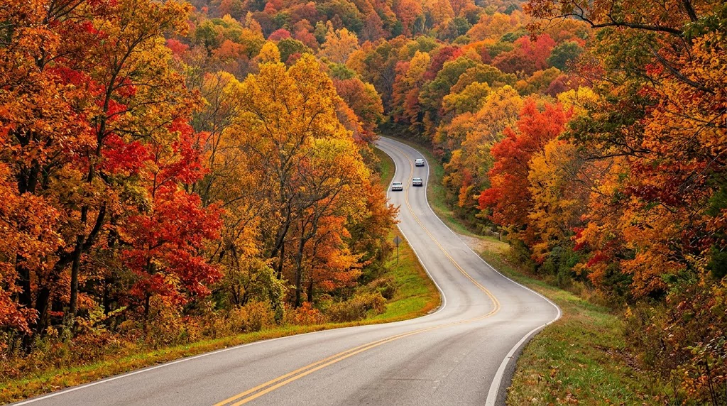 Autumn road surrounded by colorful forest in the Missouri Ozarks