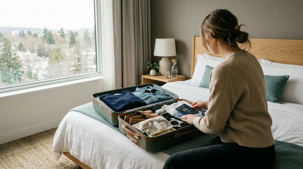 Carry-on suitcase packed efficiently to avoid checked baggage fees