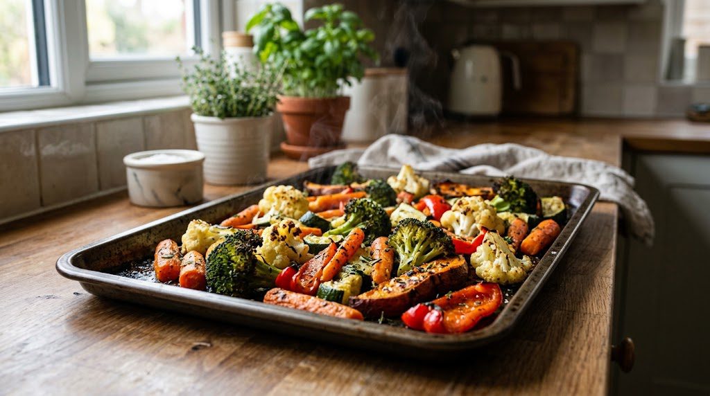Colorful roasted vegetables as a healthy side dish