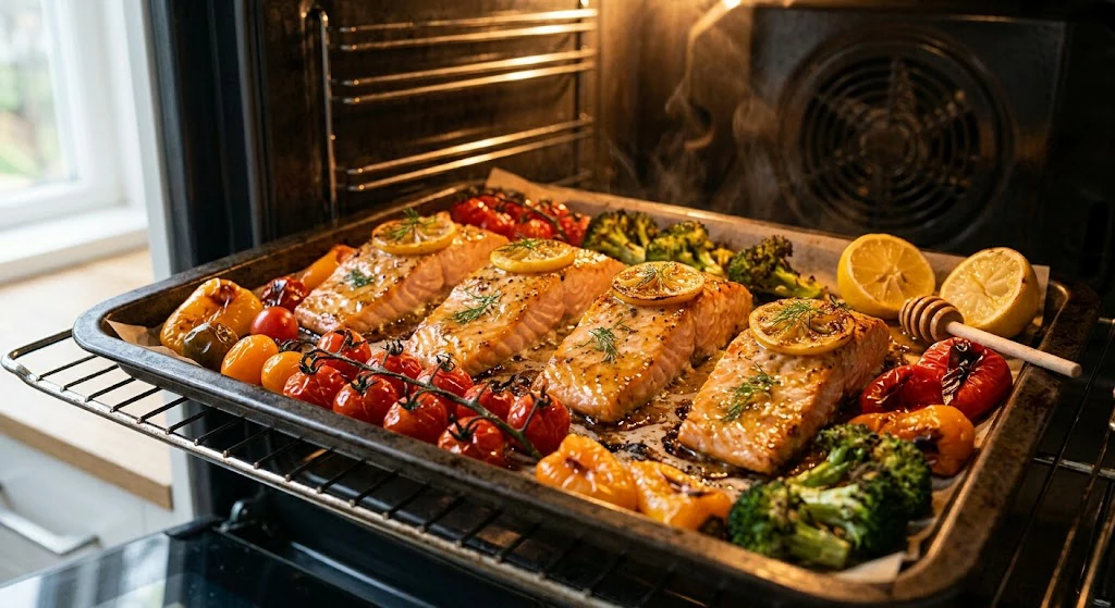 Honey lemon salmon and vegetables roasting on a baking tray