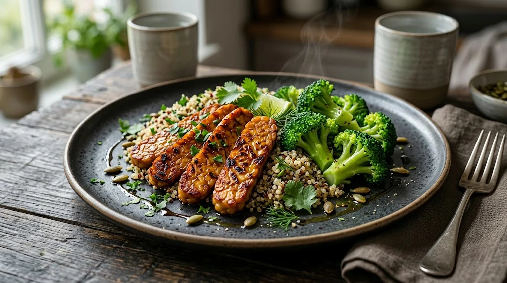 Pan-seared tempeh served with quinoa and vegetables